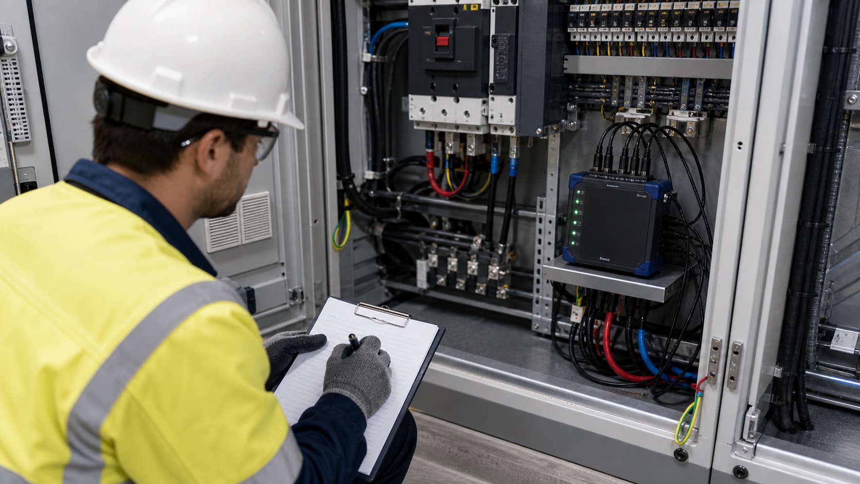Engineer documenting a long-duration power quality recorder installation