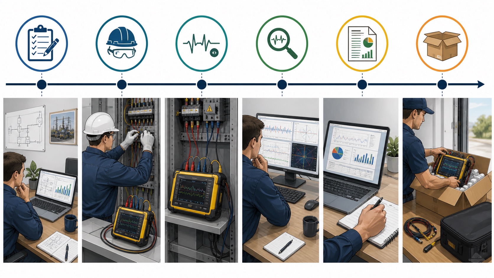 Workflow for planning installing analyzing and returning a power quality analyzer rental