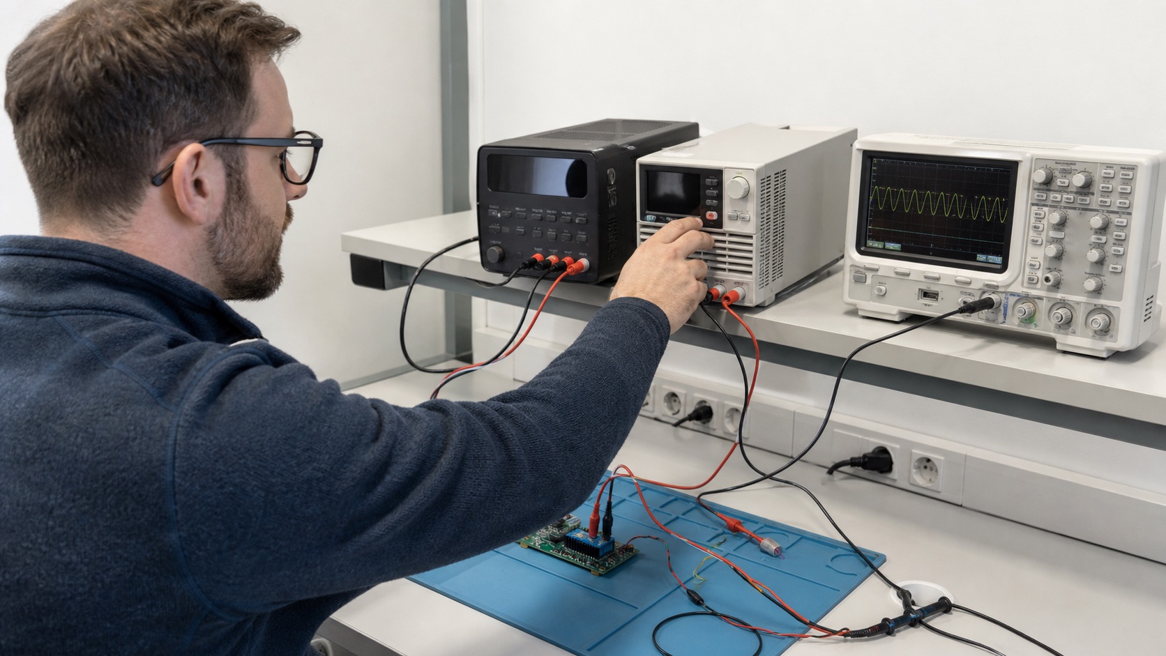 Engineer verifying a rented programmable DC power supply with an electronic load