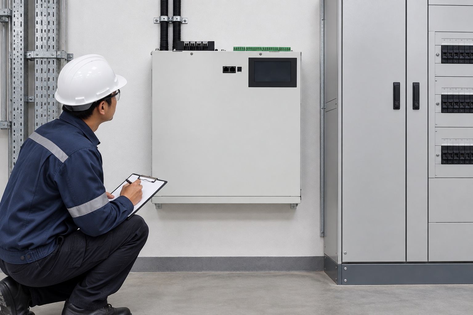 Engineer reviews cabinet airflow and cable-entry space beside a CNBYG SVG