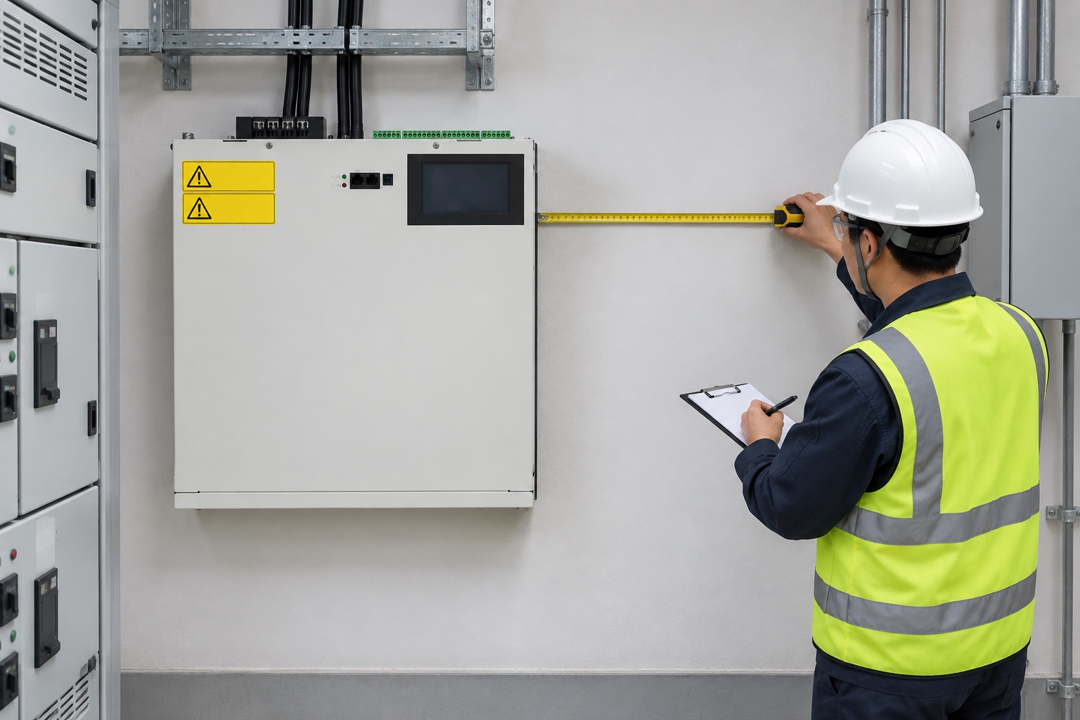 Engineer checks installation space beside a wall-mounted CNBYG SVG