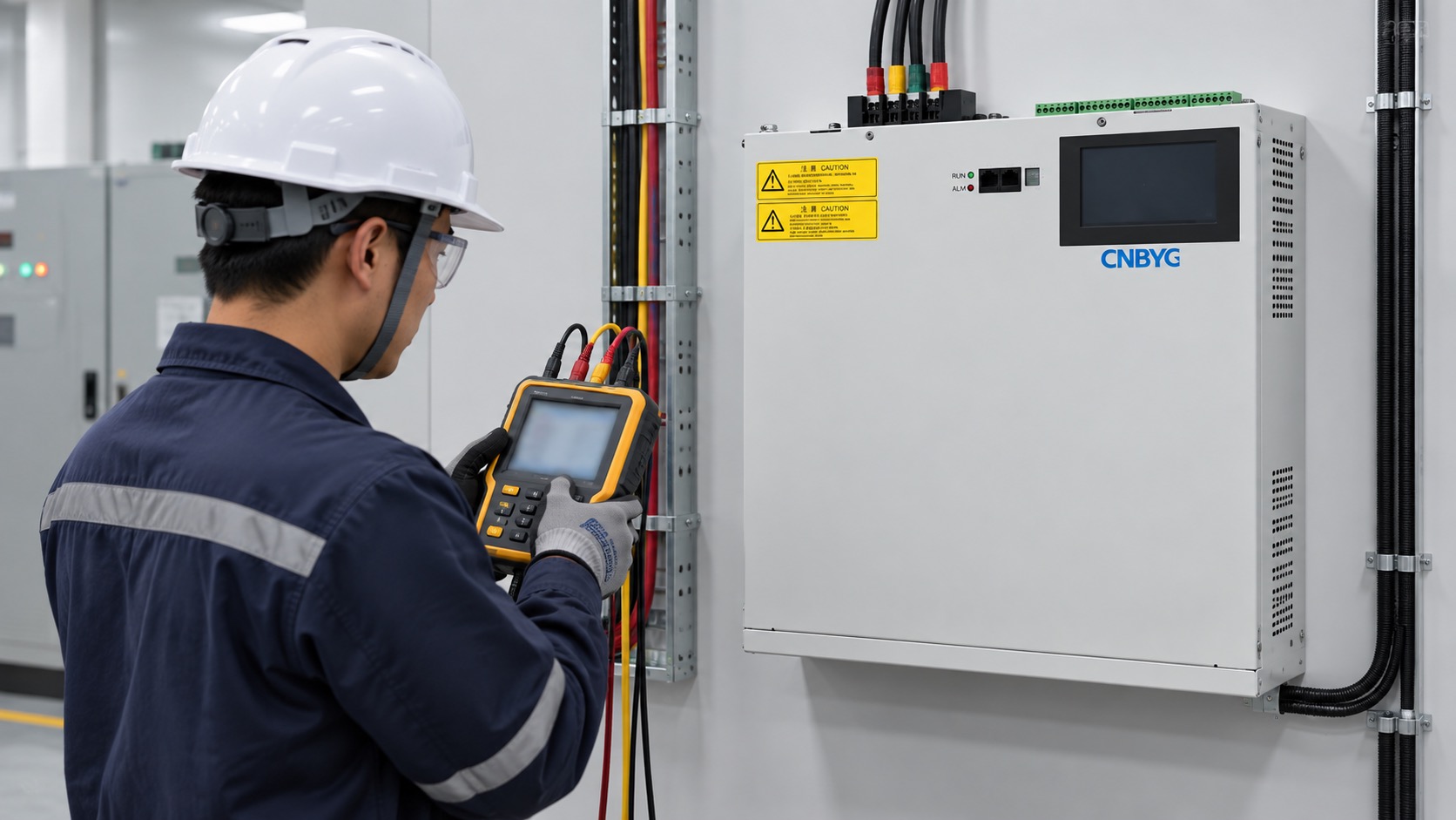 Engineer compares a voltage analyzer with a wall-mounted SVG