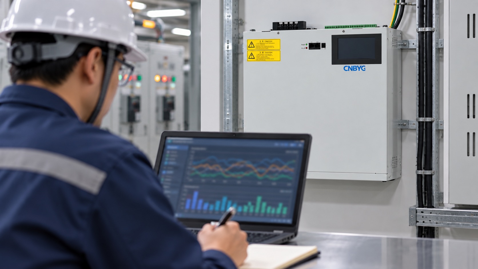 Engineer reviews blurred voltage and capacity trends beside a wall-mounted SVG