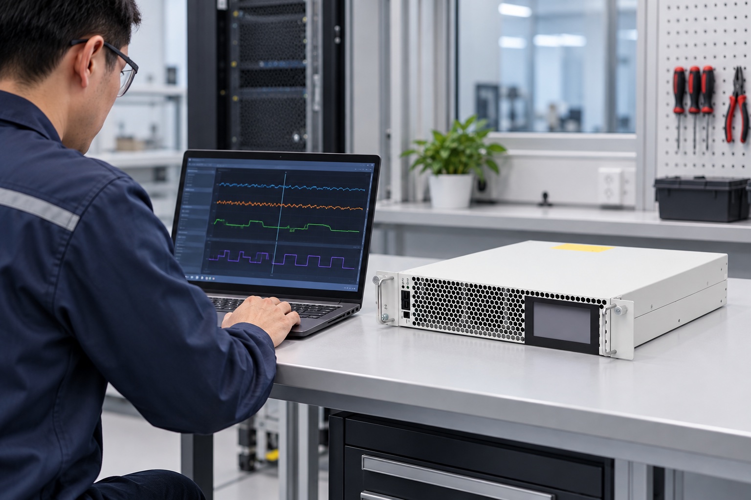 Engineer reviews synchronized SVG commissioning traces beside the installed unit