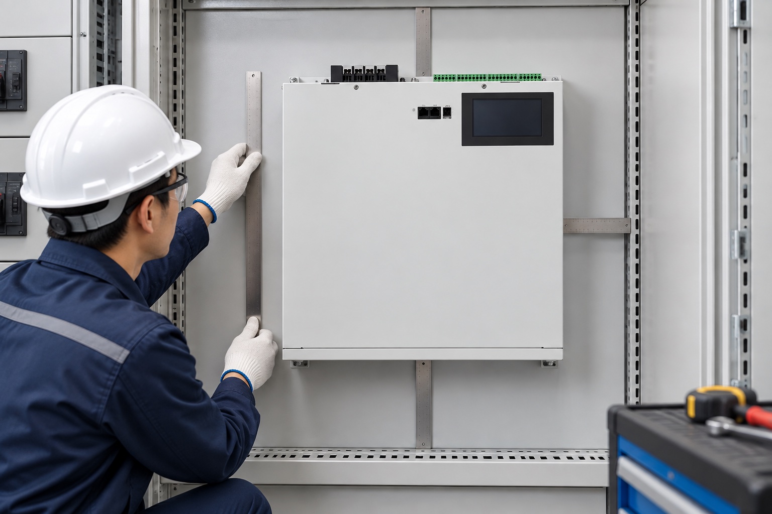 Engineer checks mounting and side service space around a wall-mounted CNBYG SVG