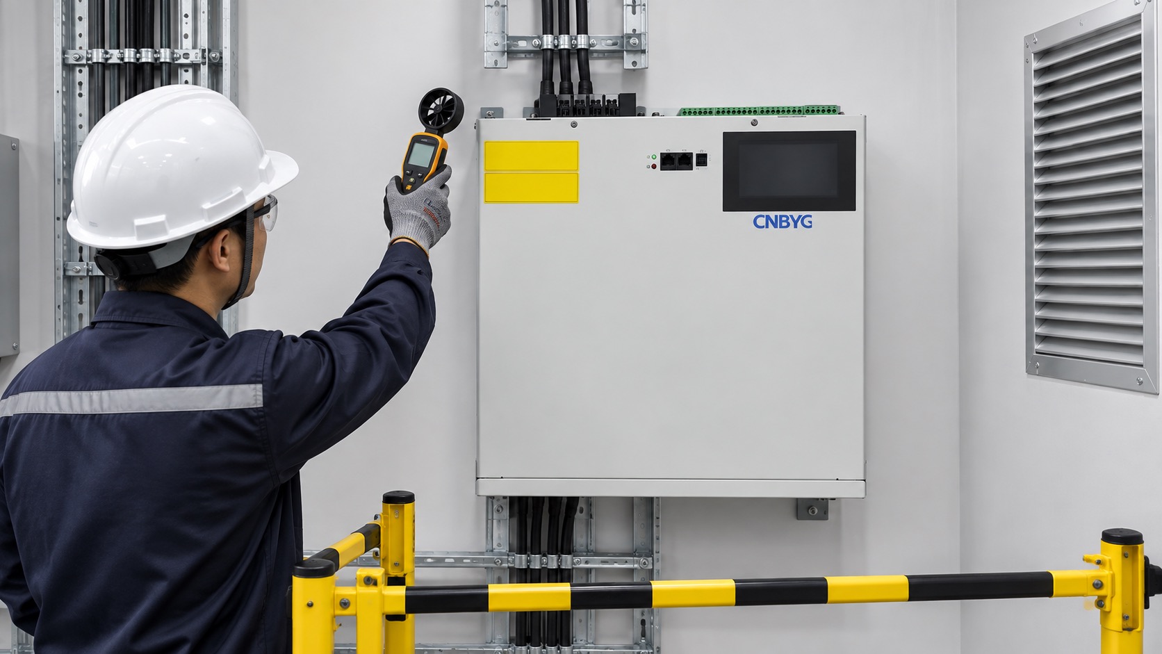 Engineer checks airflow around a wall-mounted CNBYG SVG
