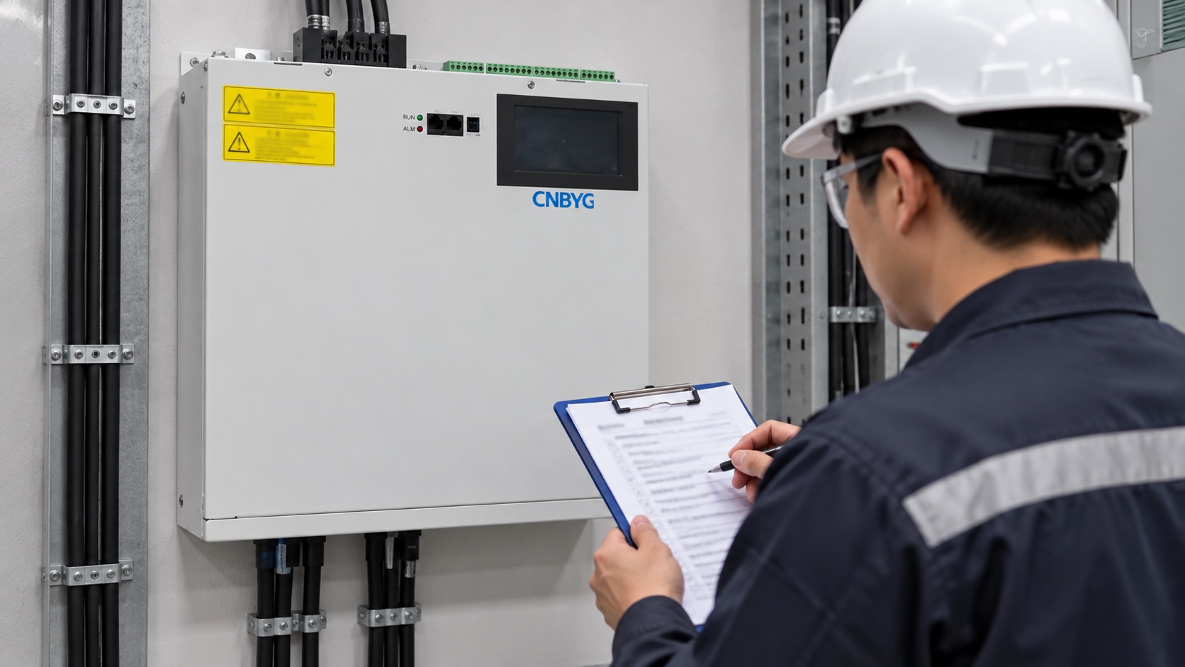 Engineer records an SVG maintenance checklist beside the closed unit