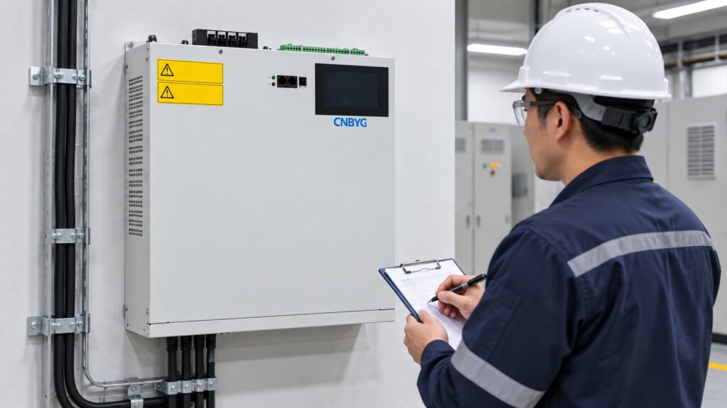 Engineer records a maintenance inspection beside a wall-mounted CNBYG SVG