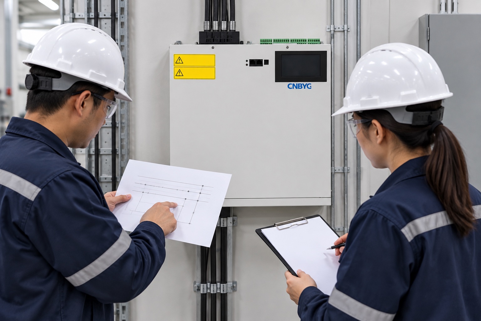 Engineer checks phase and neutral measurement documentation beside an SVG enclosure