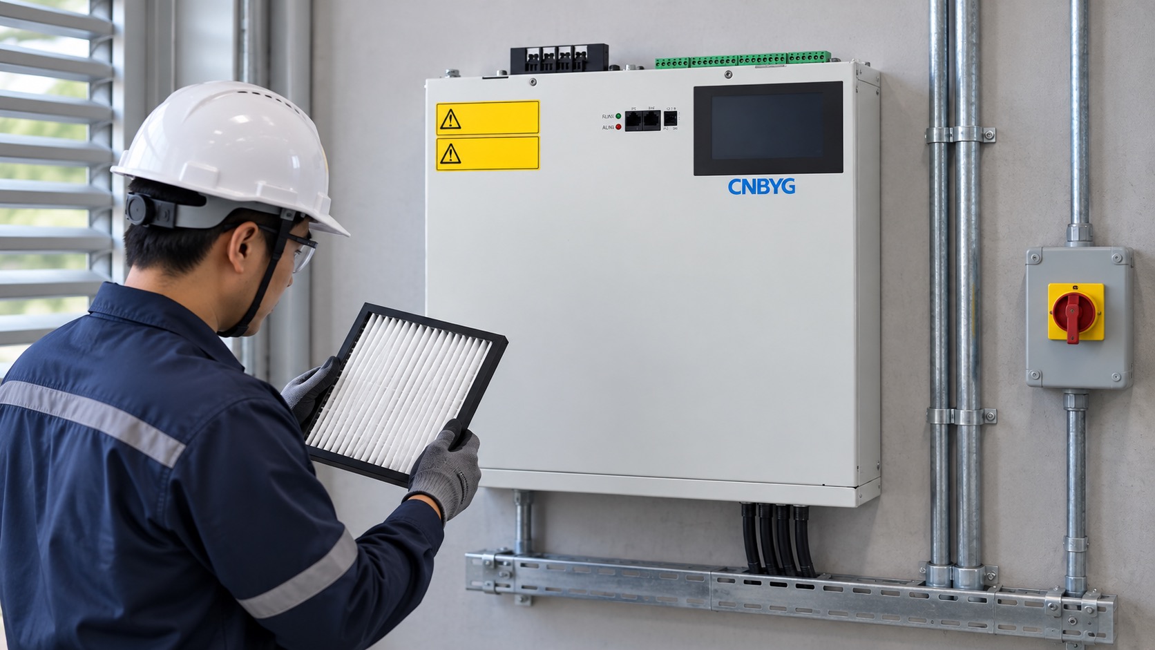 Engineer inspects airflow and ventilation around a product-referenced SVG