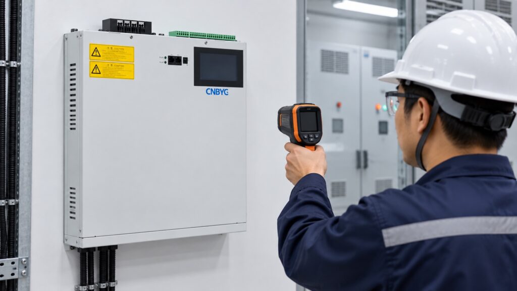 Engineer uses a thermal inspection tool beside a wall-mounted CNBYG SVG