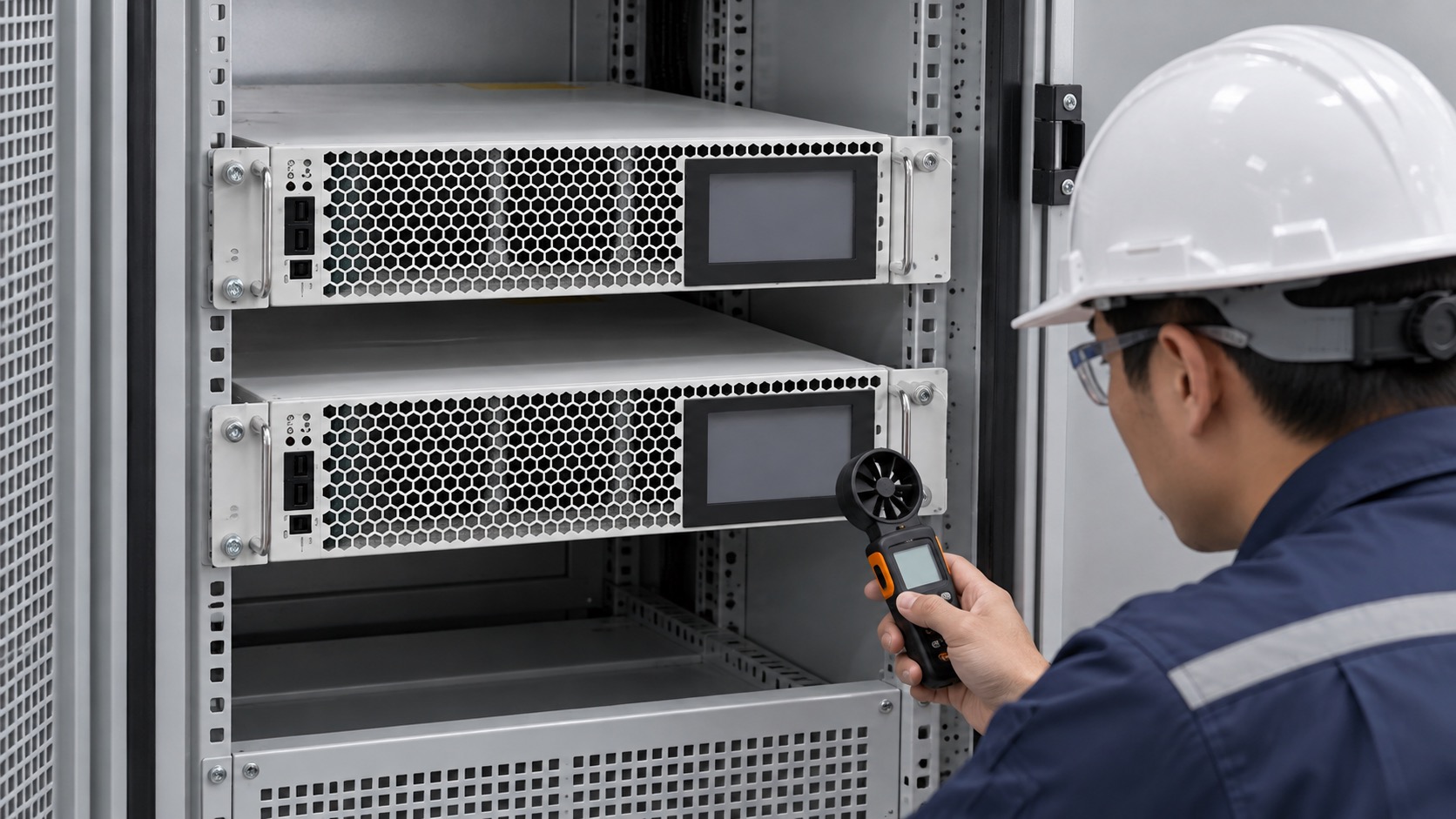 Engineer checks airflow around parallel rack-mounted SVG modules