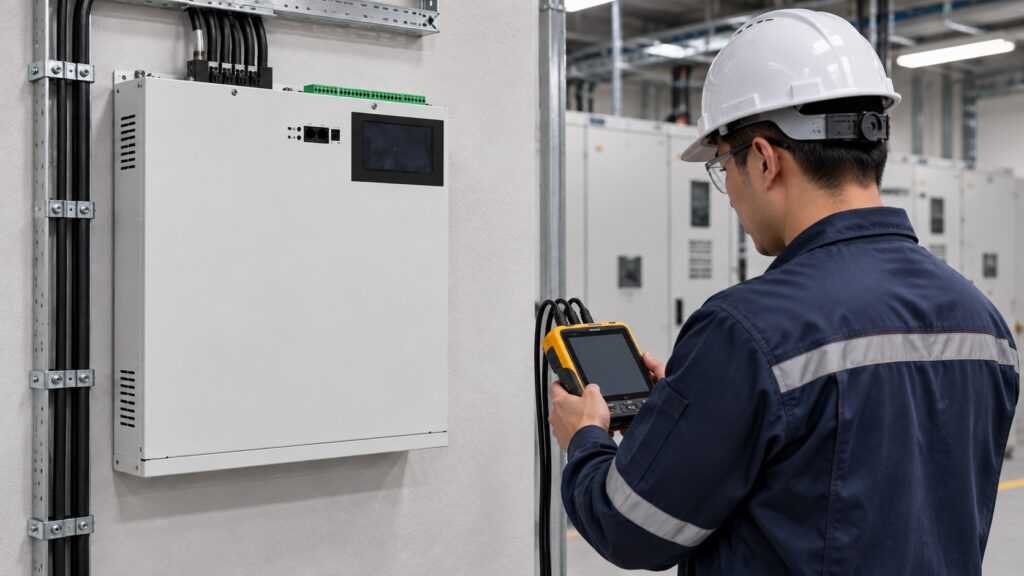 Engineer checks a wall-mounted CNBYG SVG with a power-quality analyzer
