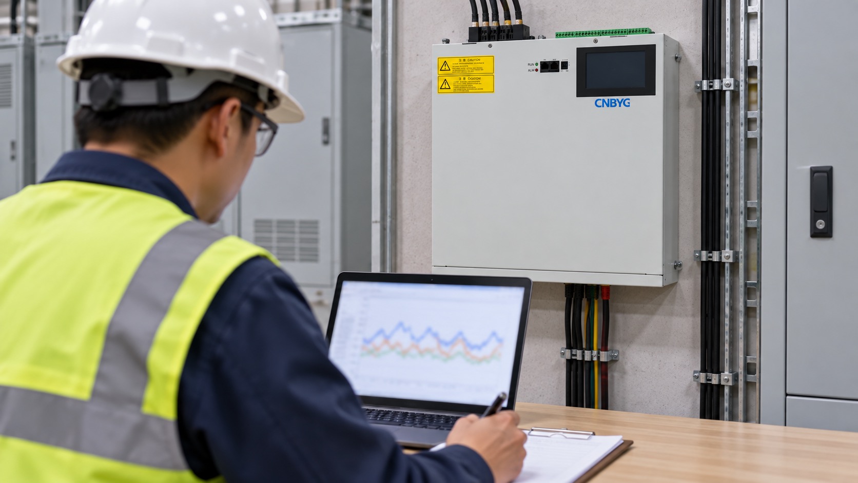 Engineer reviews SVG power-factor trends during a controlled load test