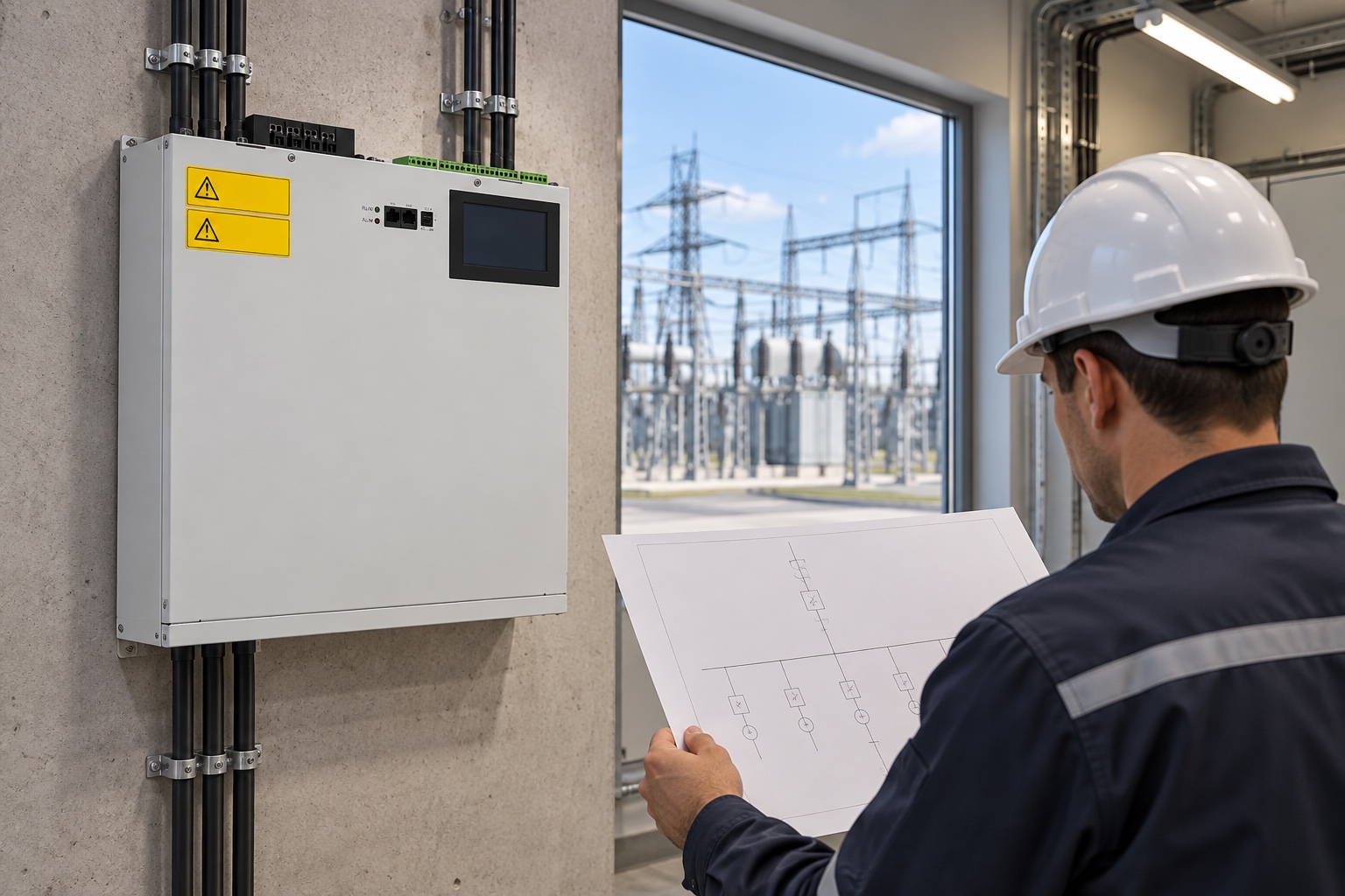 Engineer reviews plant SVG connection context near a substation