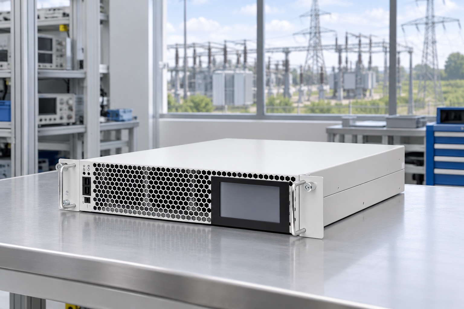 Rack-mounted CNBYG SVG on a test bench with substation context