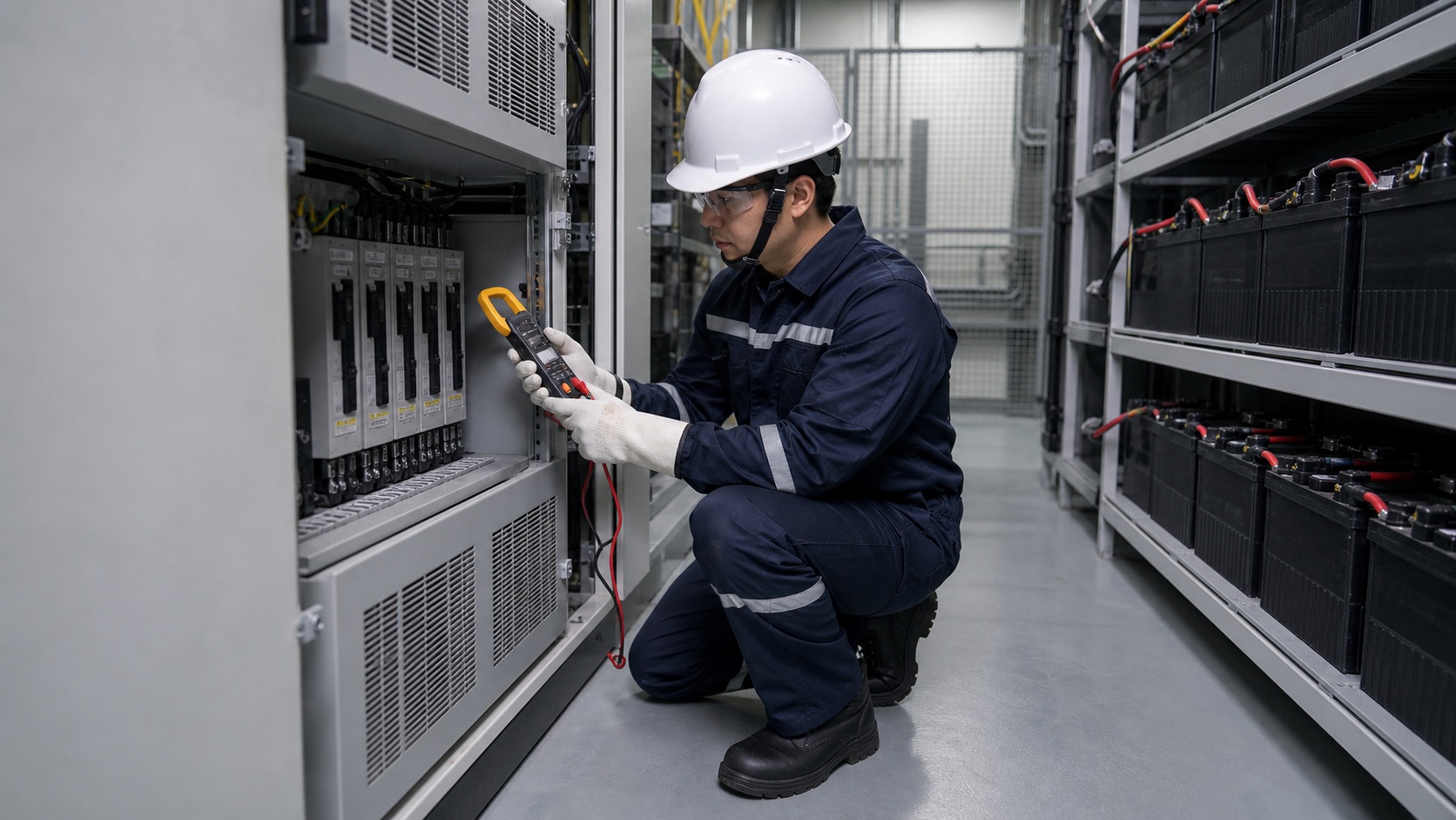 Qualified technician inspecting a telecom DC rectifier cabinet beside battery racks
