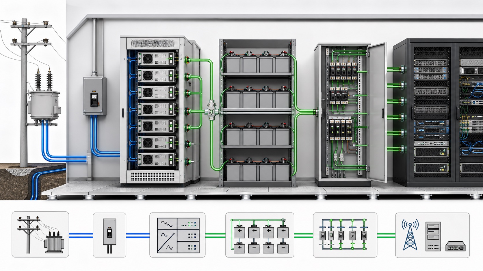 Architecture of a telecom DC power system with rectifiers, batteries, protected distribution and telecom loads