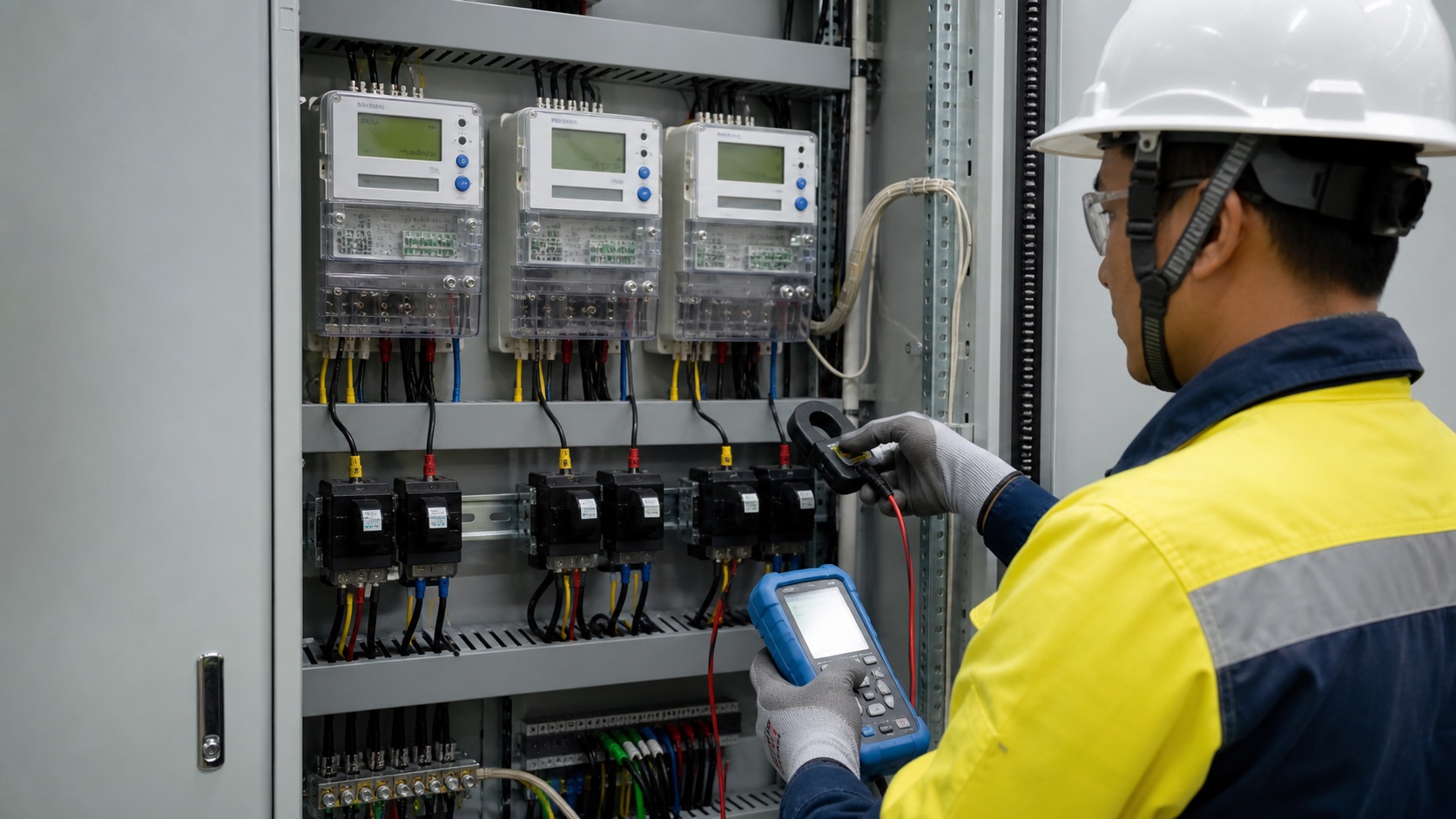 Technician commissioning three phase multifunction power meters and checking CT polarity