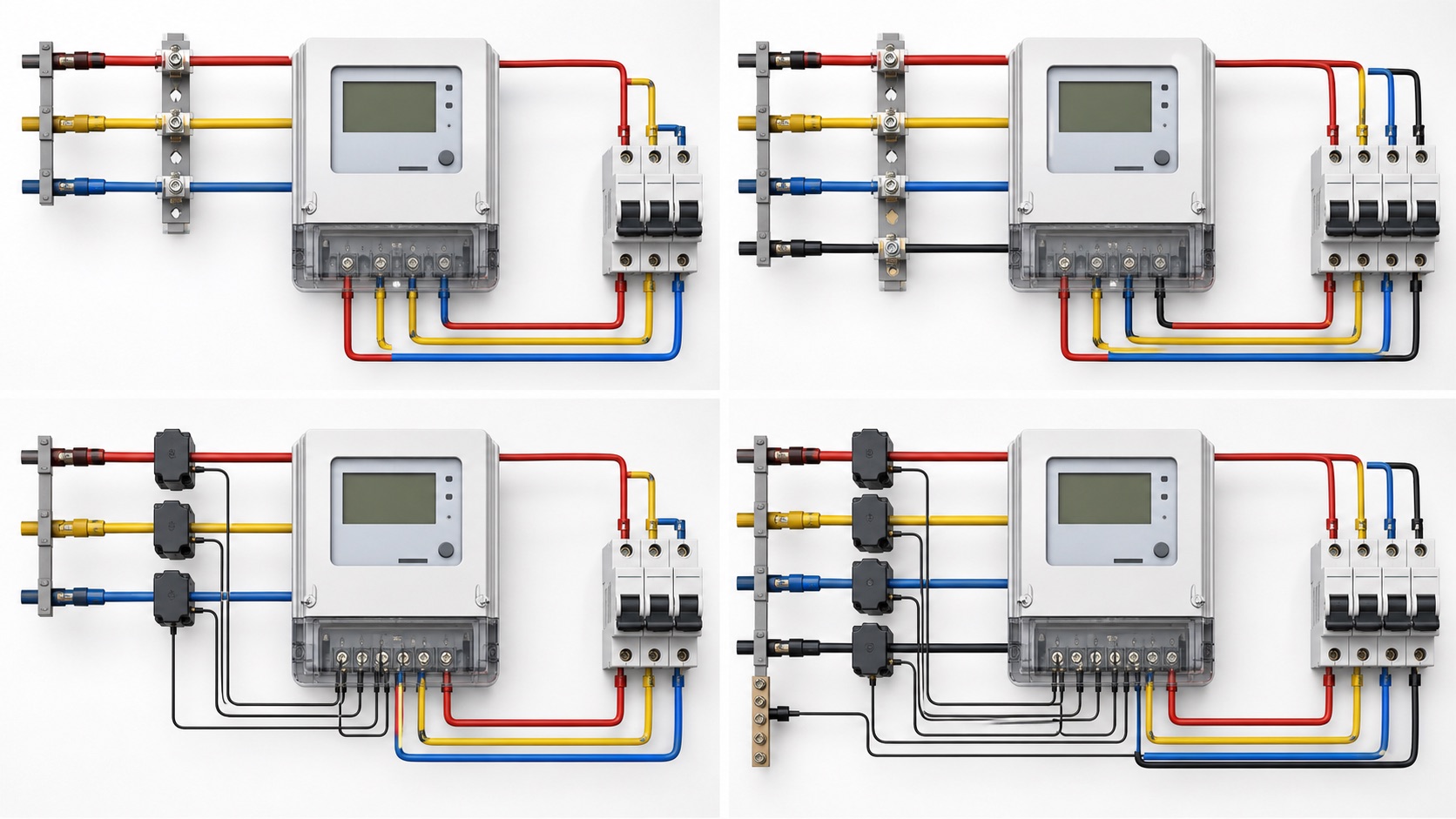 Conceptual direct and CT operated wiring options for three phase electric power meters