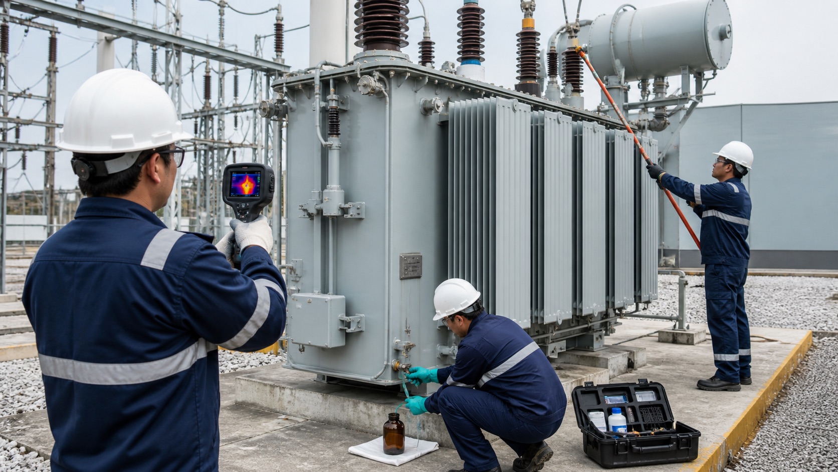 Qualified technicians performing infrared inspection oil sampling and bushing checks on a transformer
