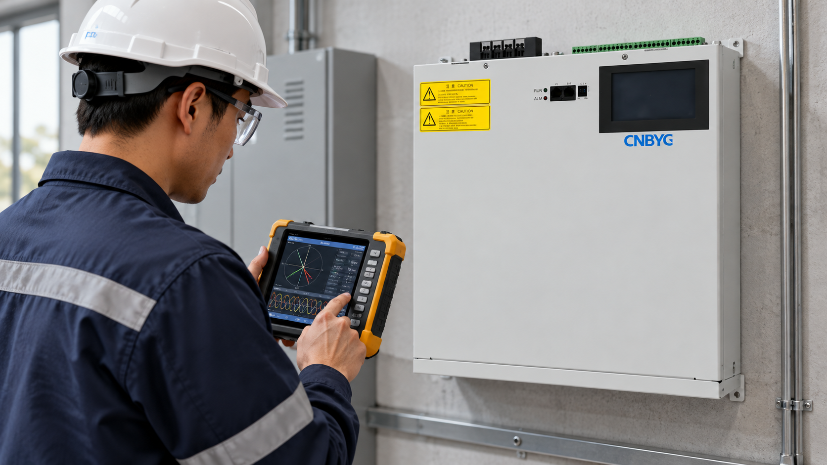 Engineer compares unity-PF readings with a portable analyzer beside a wall-mounted SVG