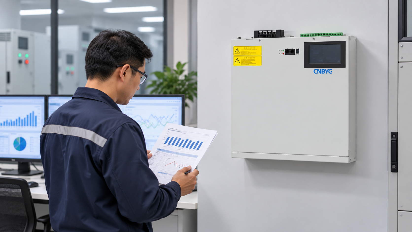 Engineer reviews utility-bill energy and reactive-power data beside a wall-mounted CNBYG SVG