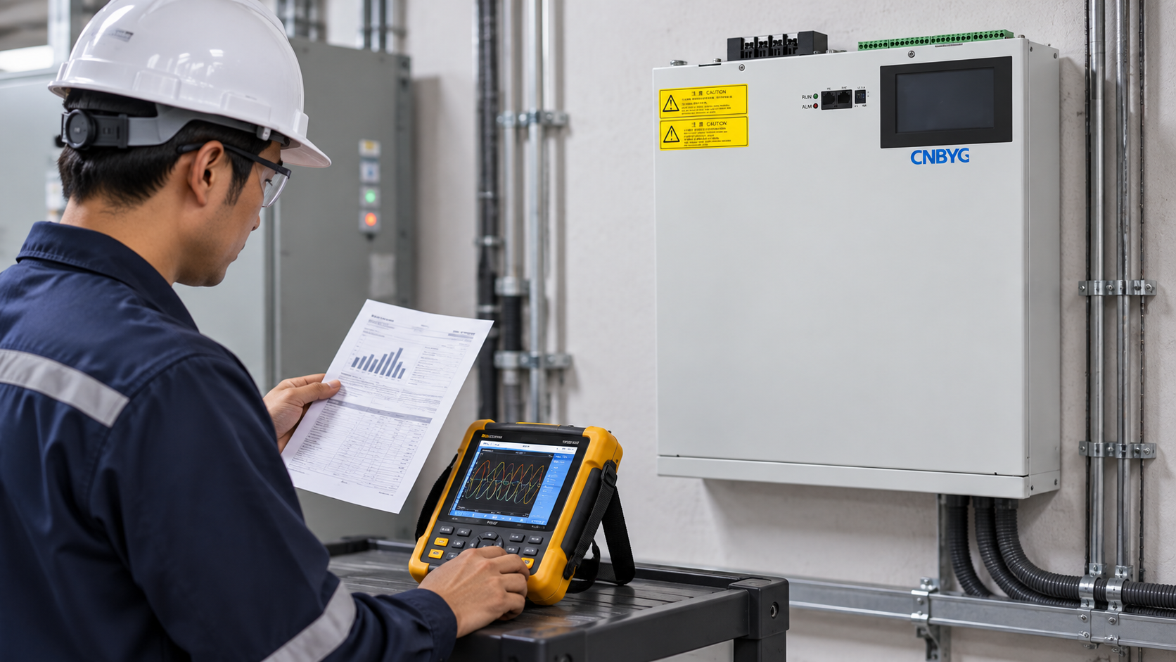Engineer compares utility-bill figures with a power-quality analyzer beside a wall-mounted SVG