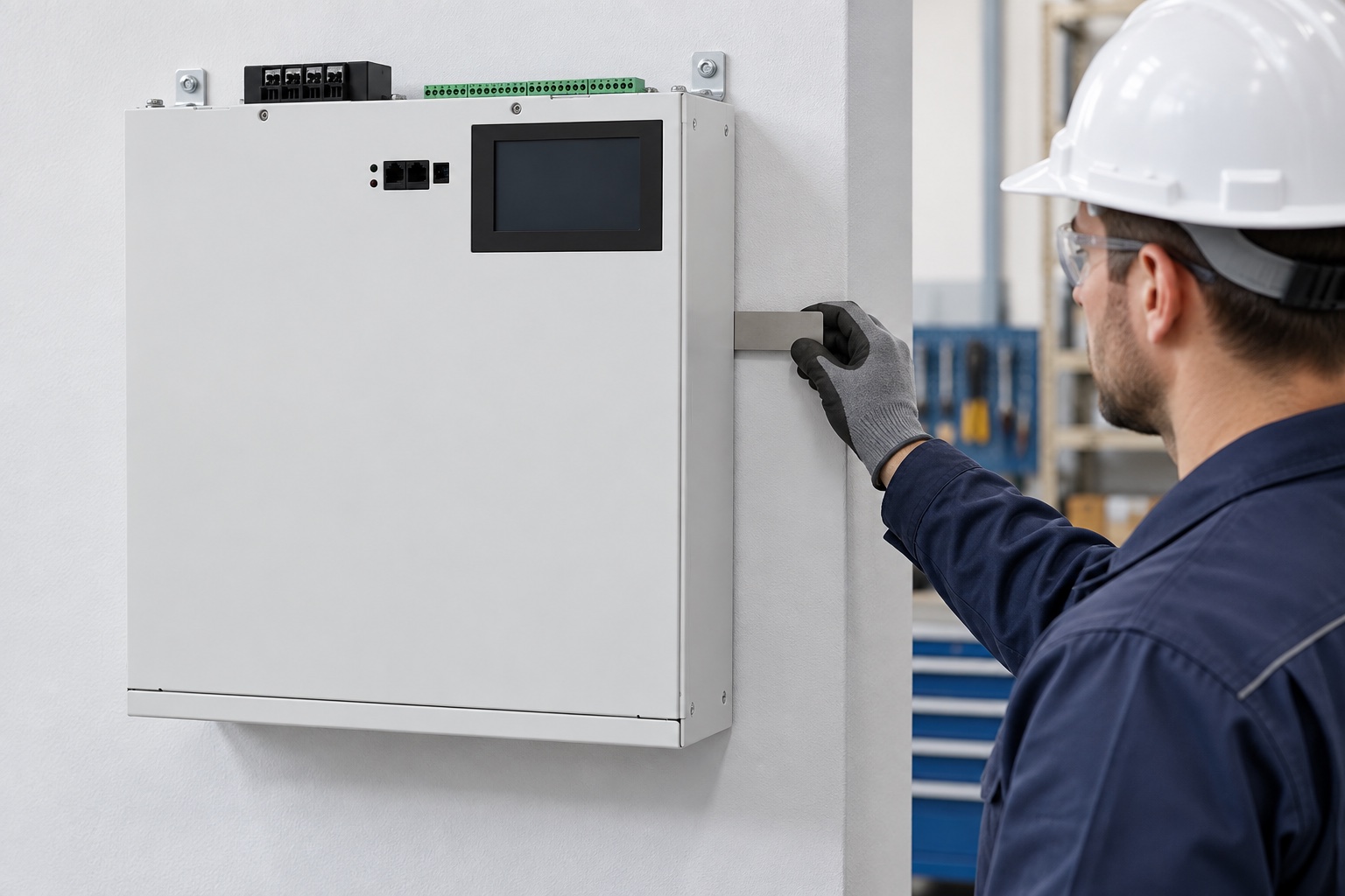Engineer checks service clearance beside a wall-mounted CNBYG SVG