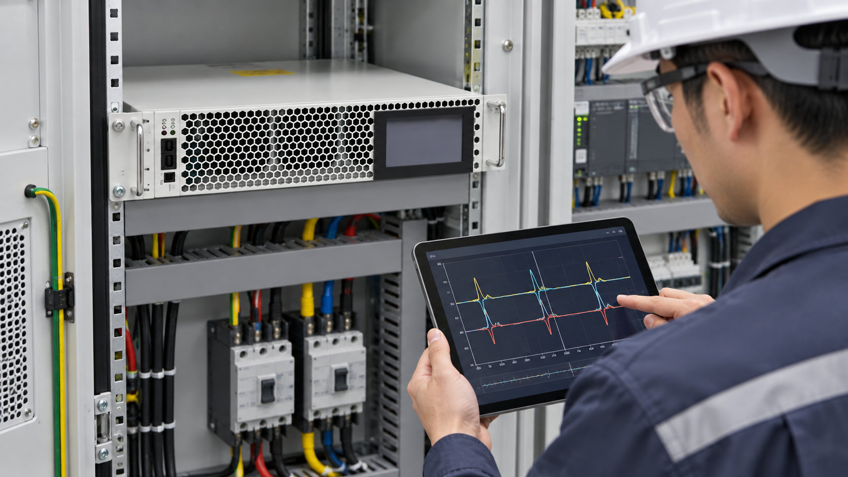 يقوم المهندس بمراجعة مسارات التيار الكهربائي لللحام المتزامن بجانب وحدة AHF المثبتة على الرف