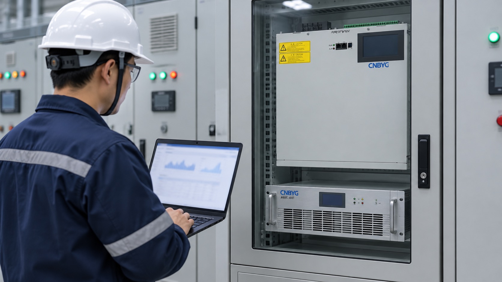 Engineer reviews ASVG load behavior with closed wall SVG and rack AHF equipment