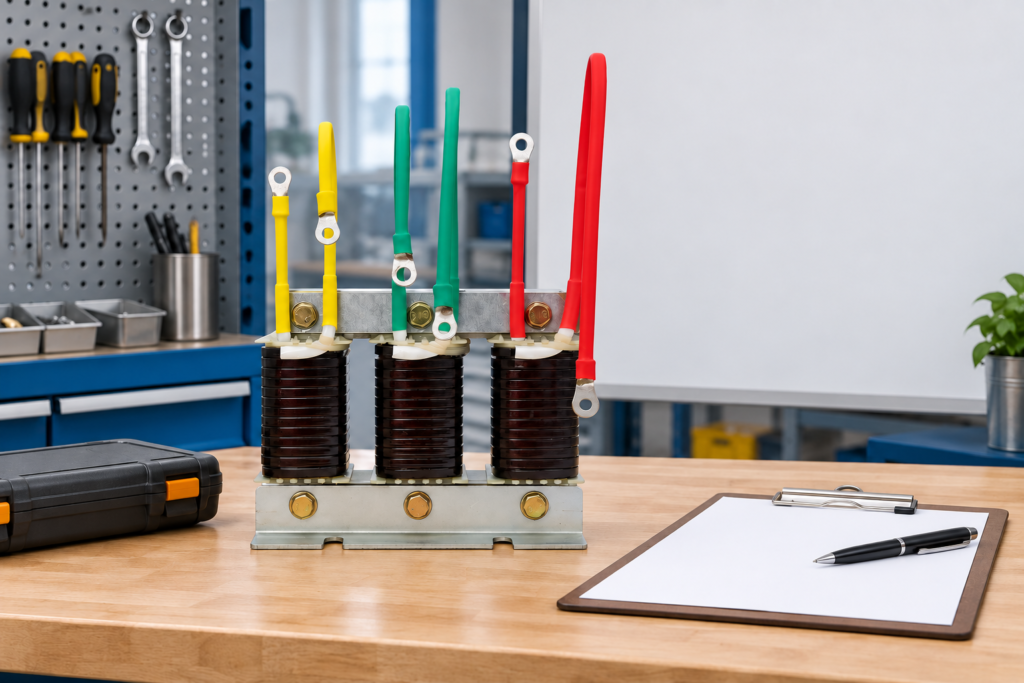 CNBYG-reference three-phase CKSG series reactor on an isolated engineering bench