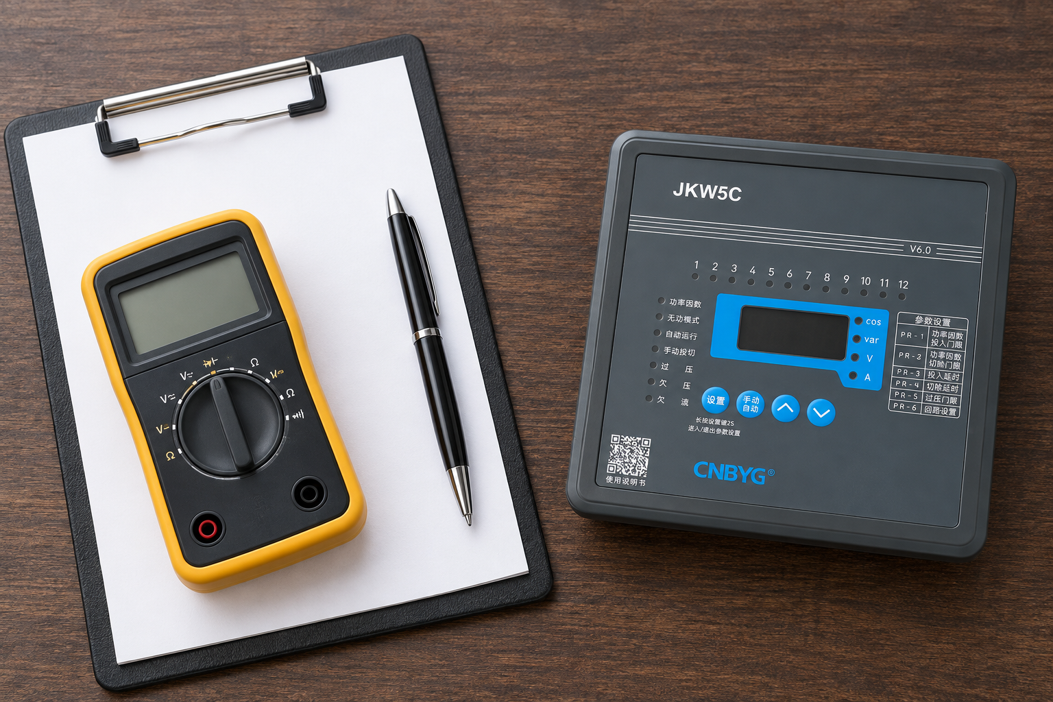 CNBYG-reference JKW5C reactive power controller beside disconnected instruments and service records