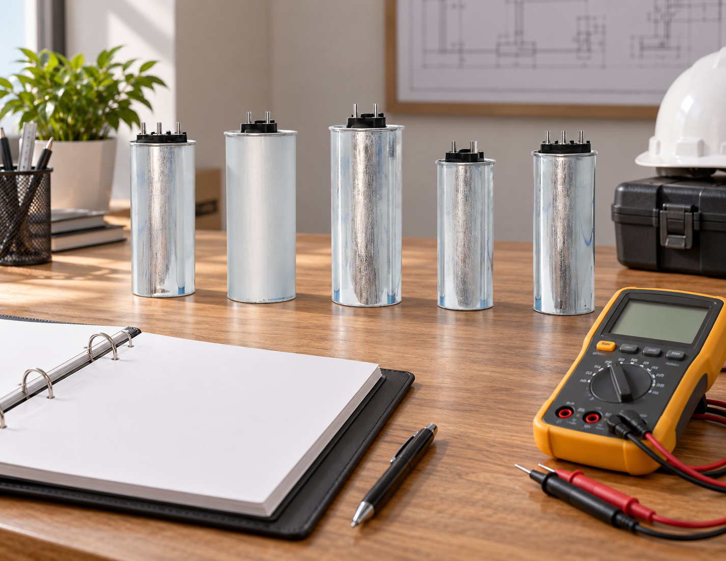 Closed CNBYG-reference cylindrical power capacitor beside disconnected tools and maintenance records