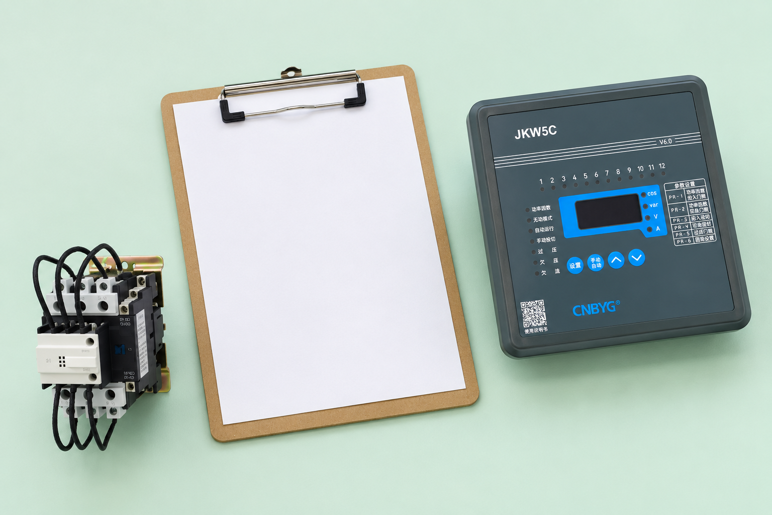 CNBYG-reference JKW5C reactive power controller beside disconnected instruments and service records