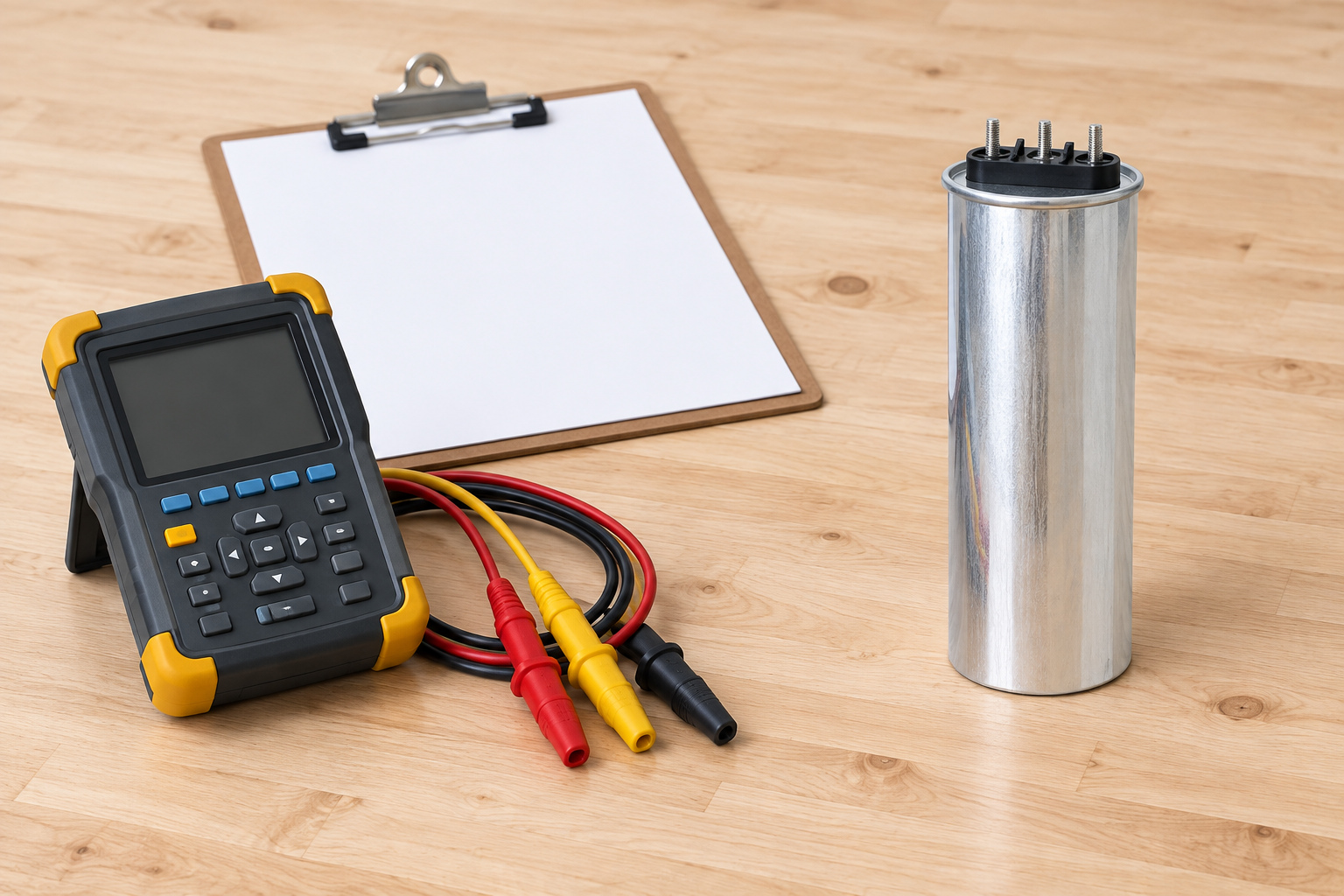 CNBYG-reference cylindrical power capacitor beside disconnected instruments and service records