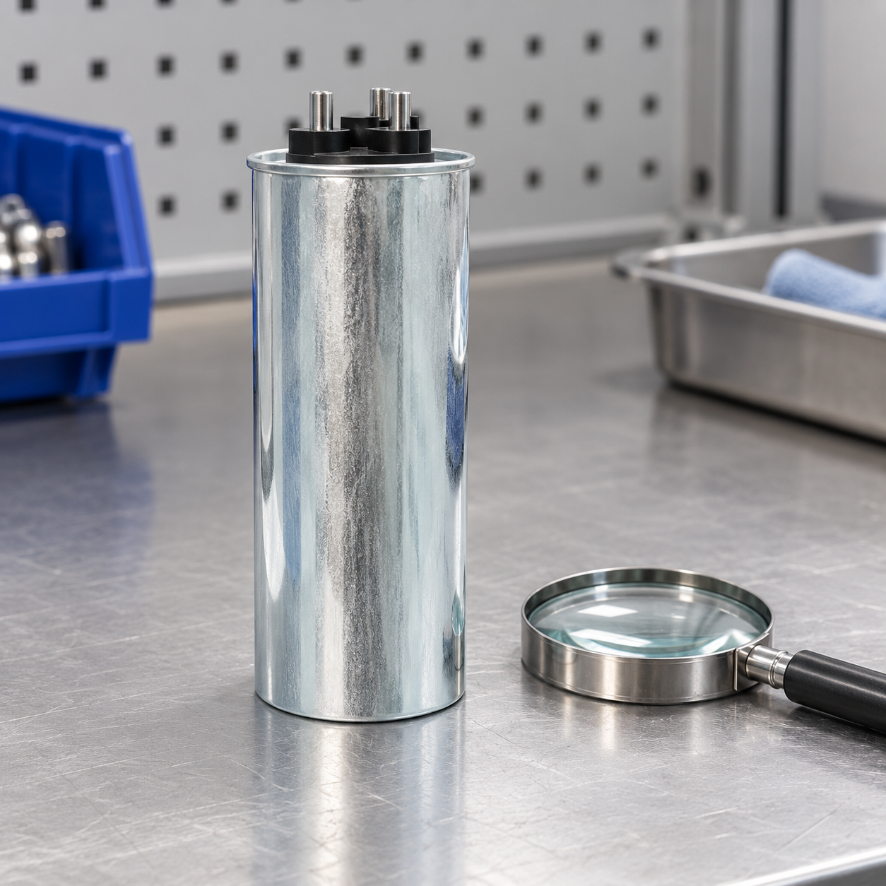 Closed CNBYG-reference cylindrical power capacitor during an exterior inspection review