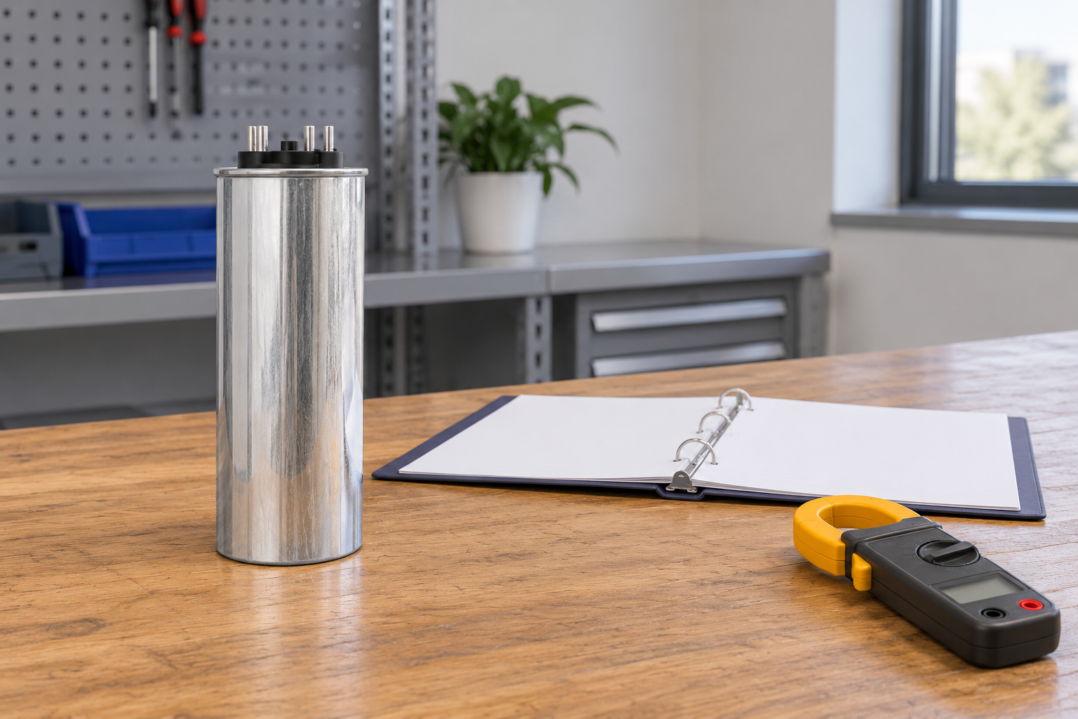 Closed CNBYG-reference cylindrical power capacitor beside disconnected tools and maintenance records