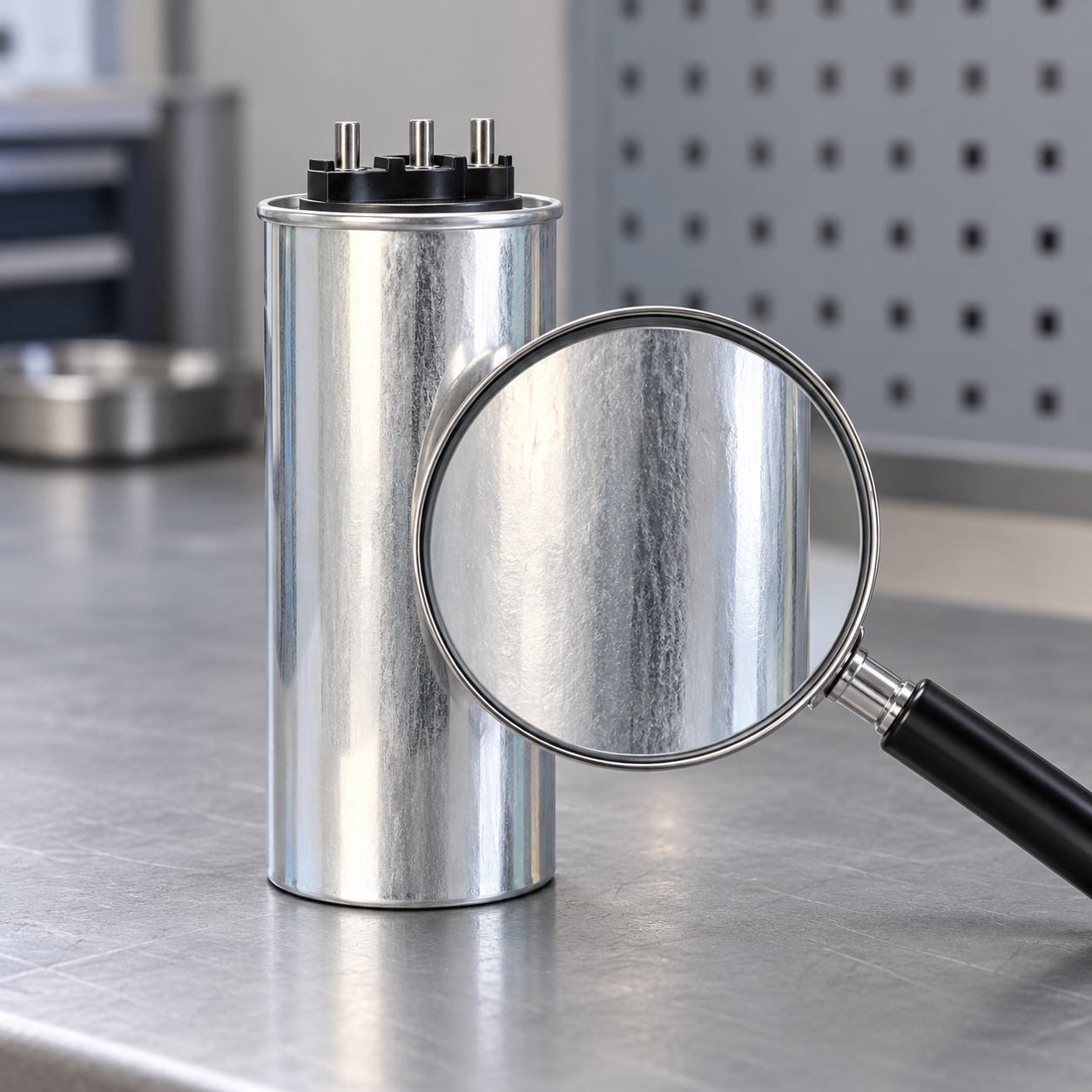 Closed CNBYG-reference cylindrical power capacitor during an exterior inspection review
