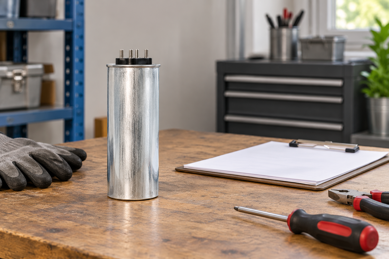 Closed CNBYG-reference cylindrical power capacitor beside disconnected tools and maintenance records