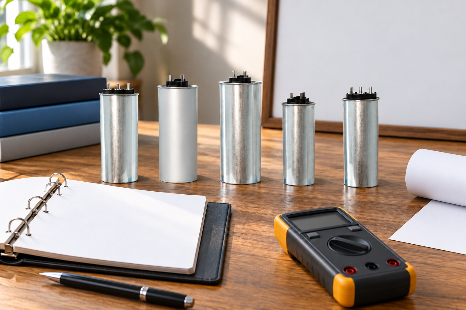Closed cylindrical CNBYG-reference power capacitors beside blank engineering records and disconnected tools