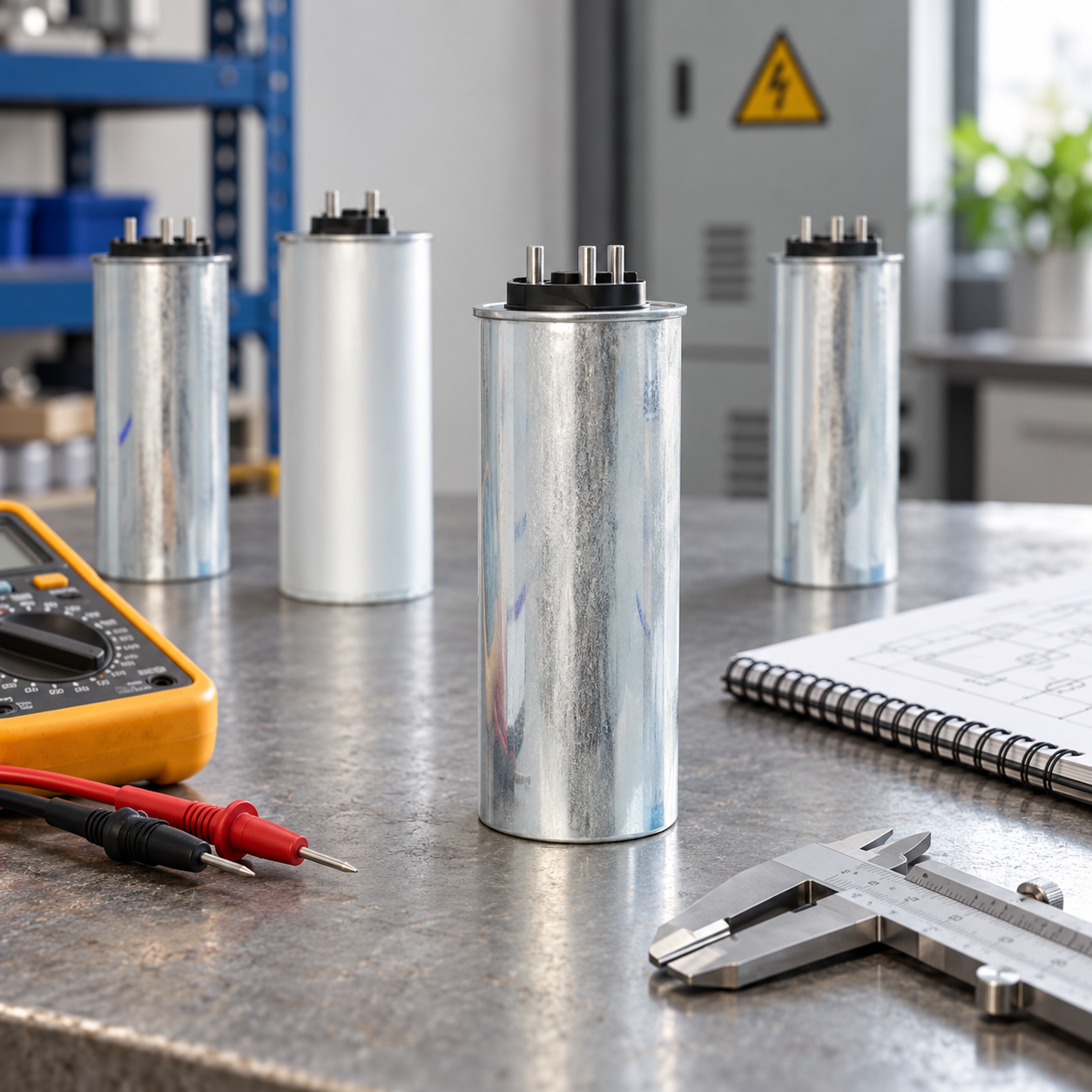 Closed cylindrical CNBYG-reference power capacitors during a disconnected equipment inspection review