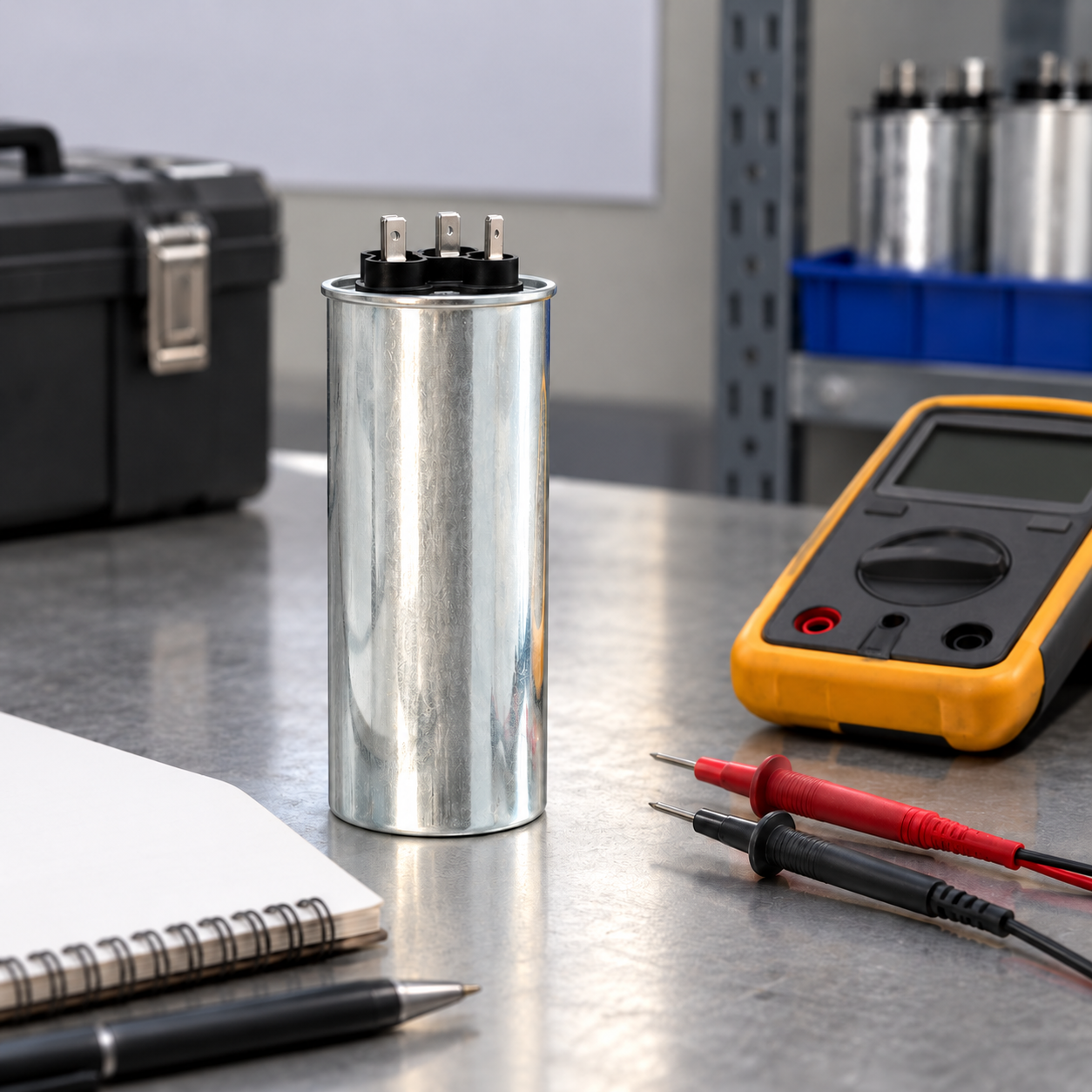 Closed CNBYG-reference cylindrical power capacitor during an exterior inspection review