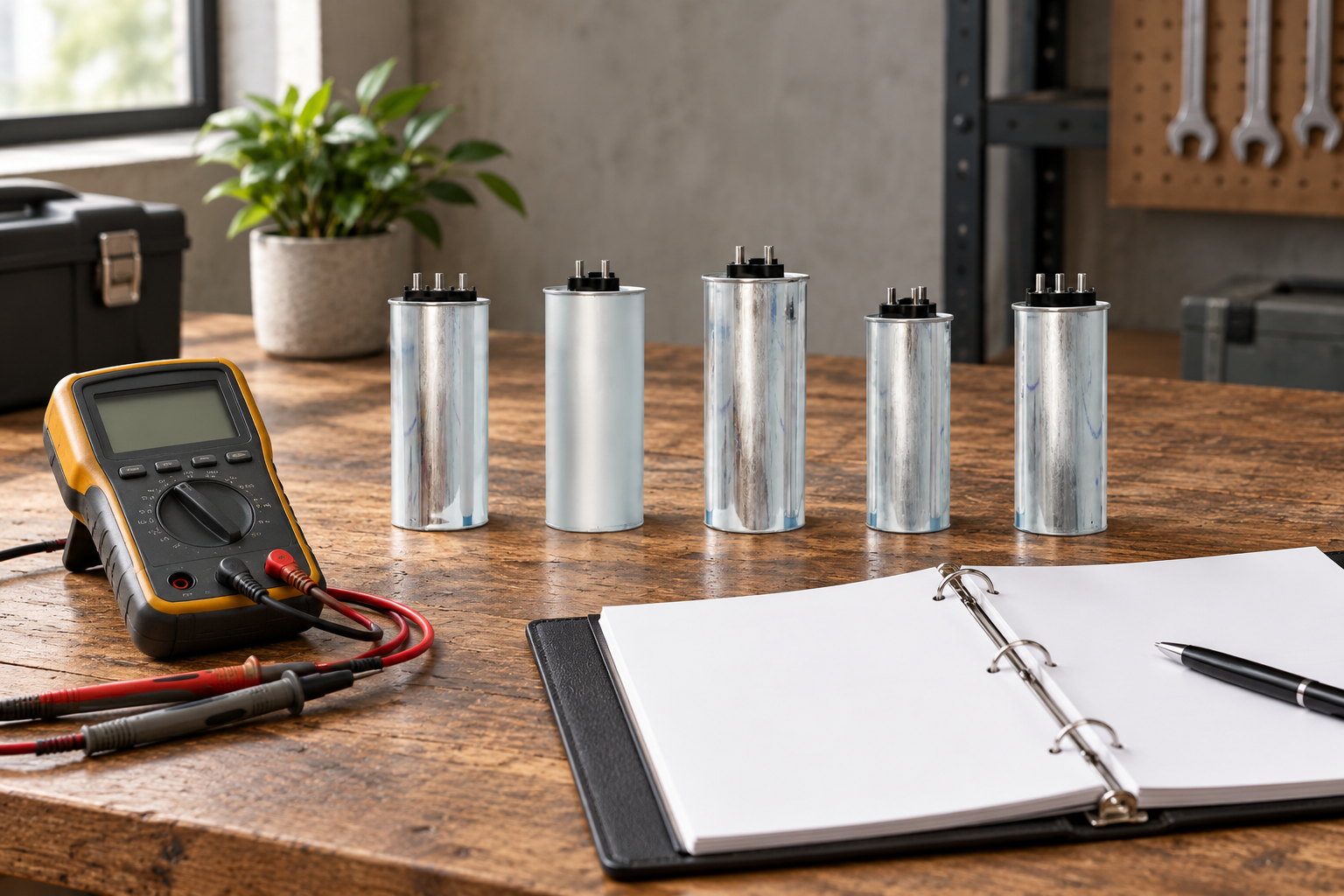 Closed CNBYG-reference cylindrical power capacitor beside disconnected tools and maintenance records