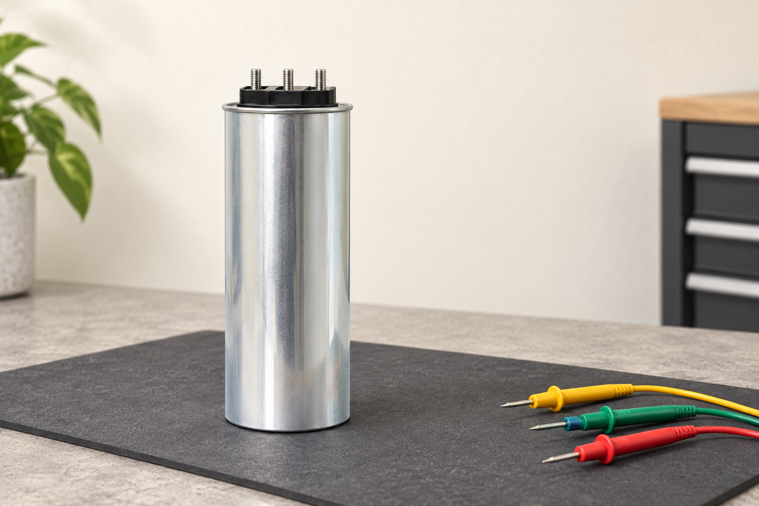 Cylindrical BSMJ power capacitor with three threaded terminal studs