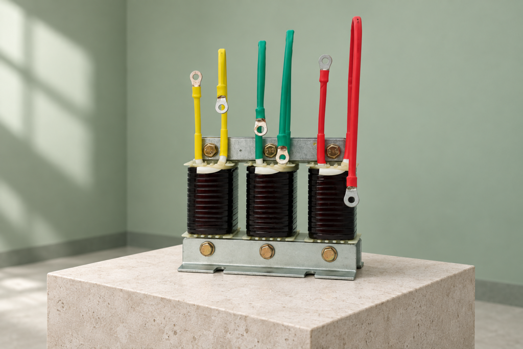 Isolated CKSG three-phase series reactor on an inspection plinth