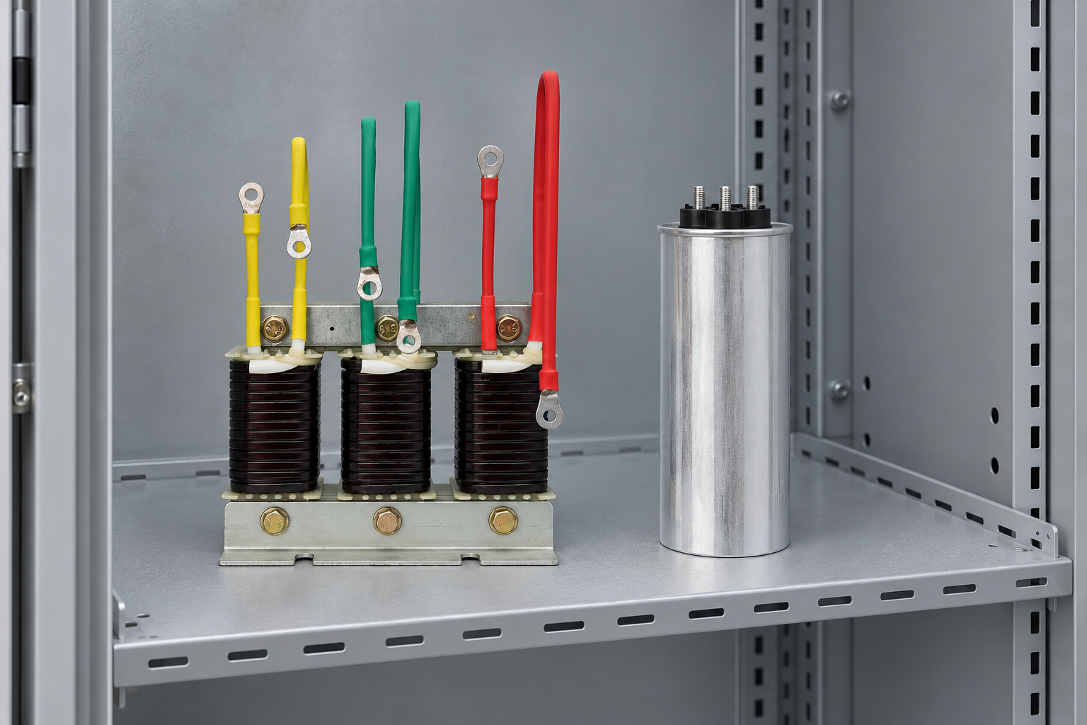 Disconnected CKSG reactor and cylindrical BSMJ capacitor on a staging shelf